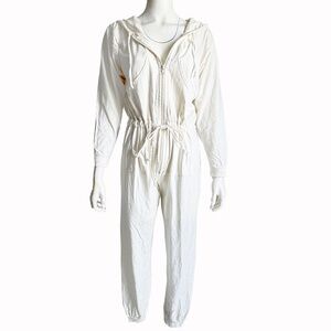 Norma Kamali OMO Jumpsuit White Cotton Hoodie Drawstring Waist Vintage 90s Sz M